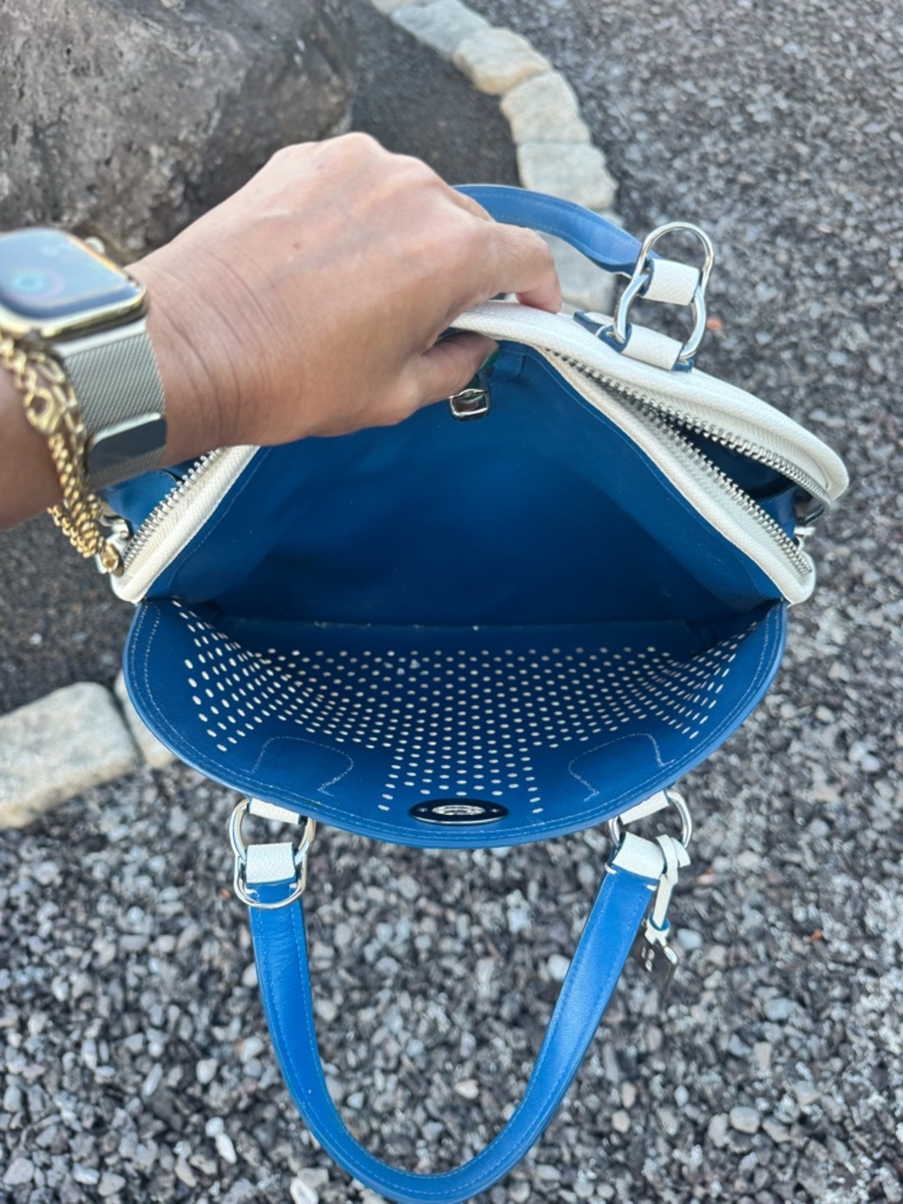 Coach Sample Perforated Leather Dome Satchel White Blue Trim Crossbody Bag - Picture 11 of 17